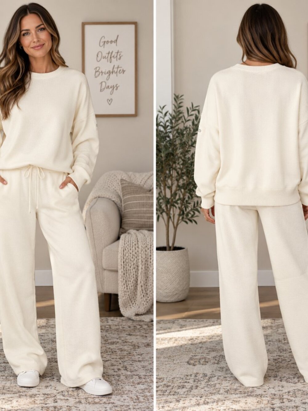 NWT Alo Yoga Scholar Straight Leg Sweatpants Ivory L Ribbed Knit